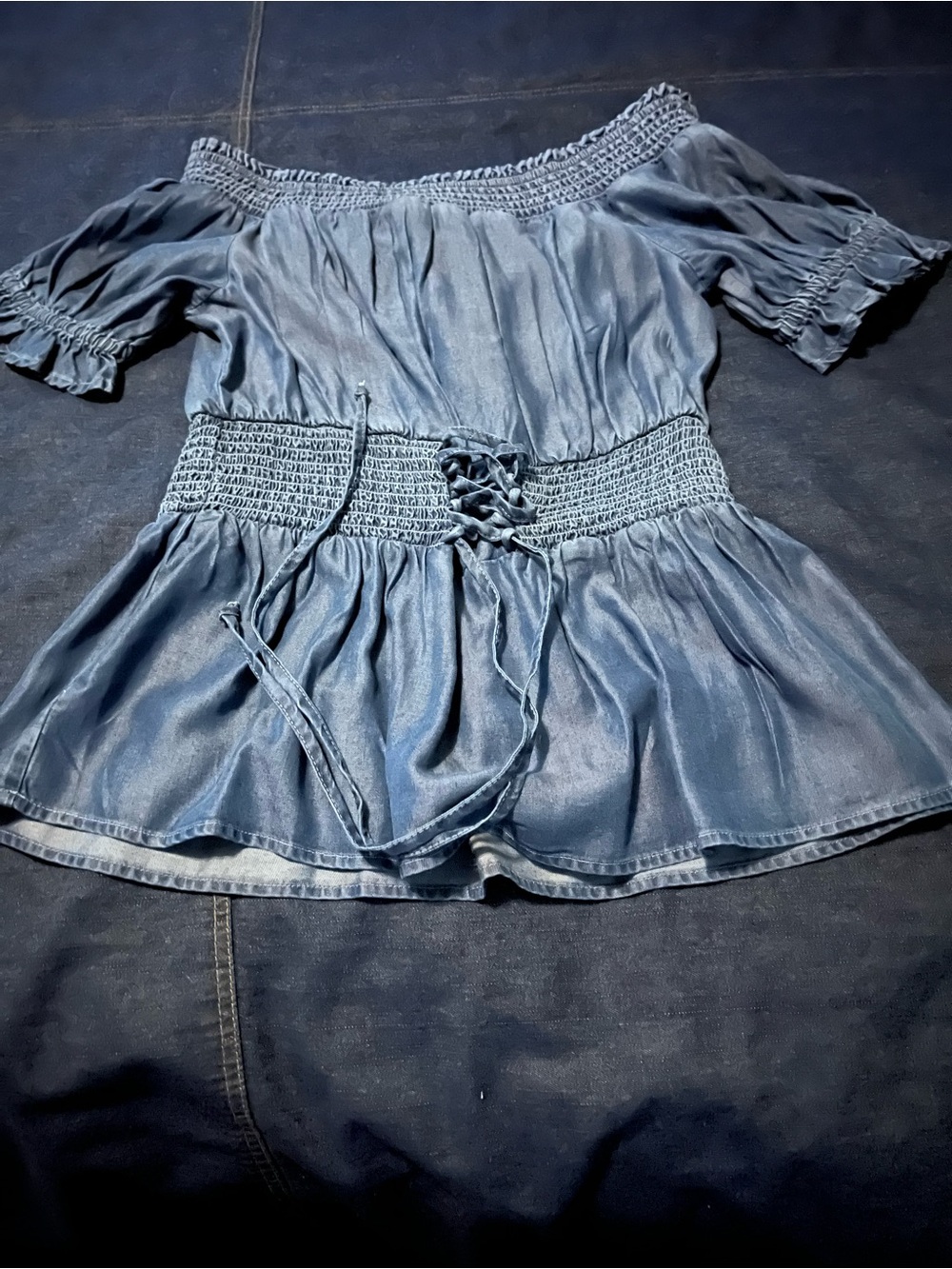 New York & Company Blue Smocked Off-Shoulder Top with Lace-Up Waist